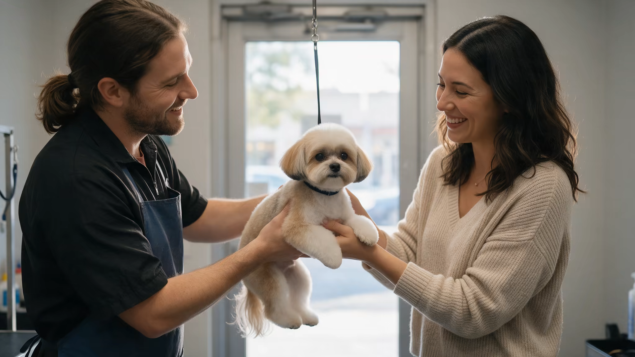 Vers getrimde hond wordt bij de uitgang van de trimsalon aan de eigenaar teruggegeven